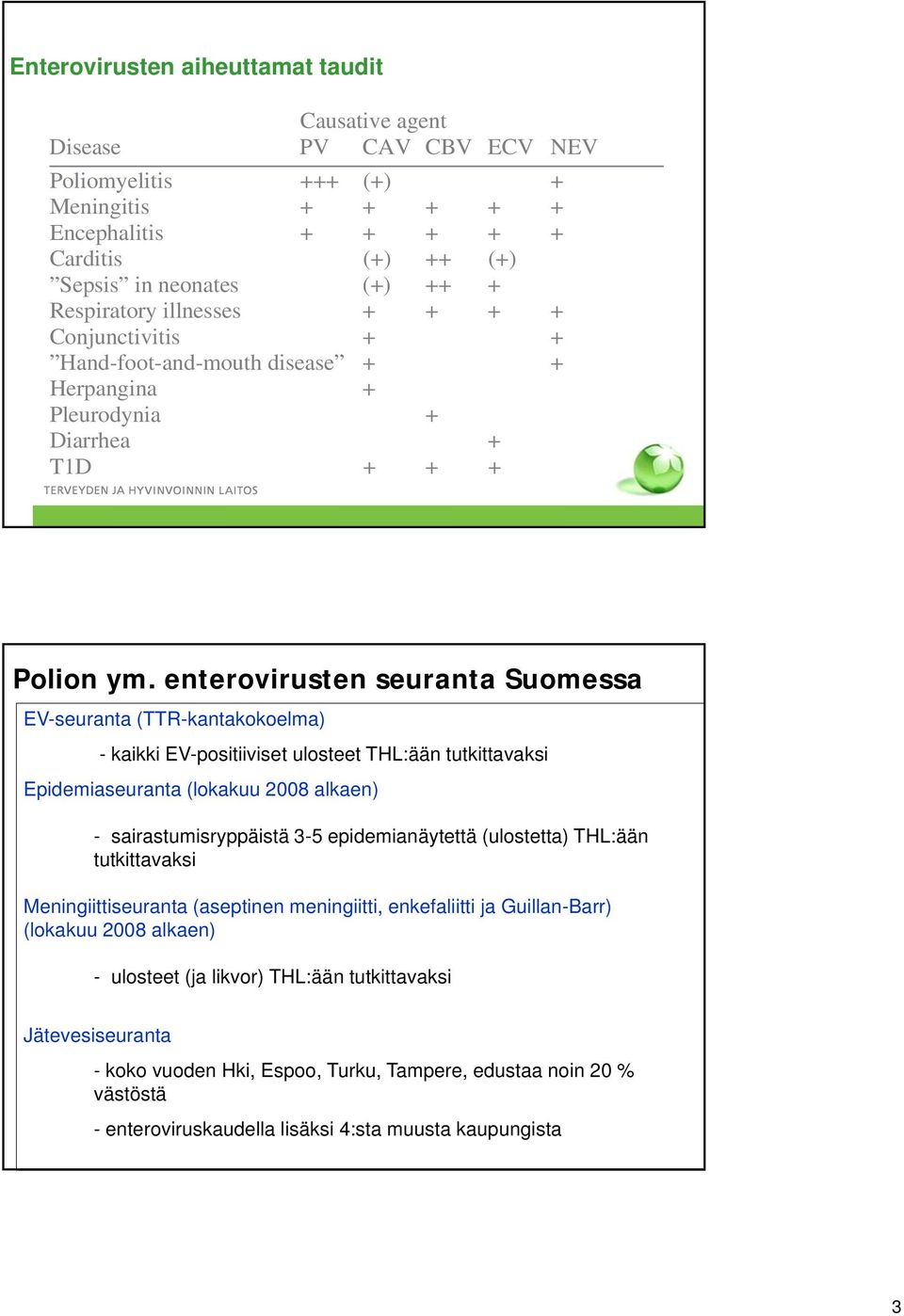 enterovirusten seuranta Suomessa EV-seuranta (TTR-kantakokoelma) - kaikki EV-positiiviset ulosteet THL:ään tutkittavaksi Epidemiaseuranta (lokakuu 2008 alkaen) - sairastumisryppäistä 3-5