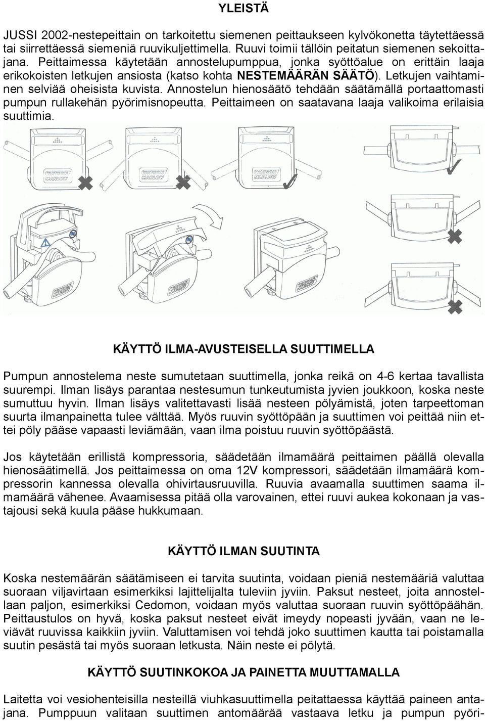 Annostelun hienosäätö tehdään säätämällä portaattomasti pumpun rullakehän pyörimisnopeutta. Peittaimeen on saatavana laaja valikoima erilaisia suuttimia.