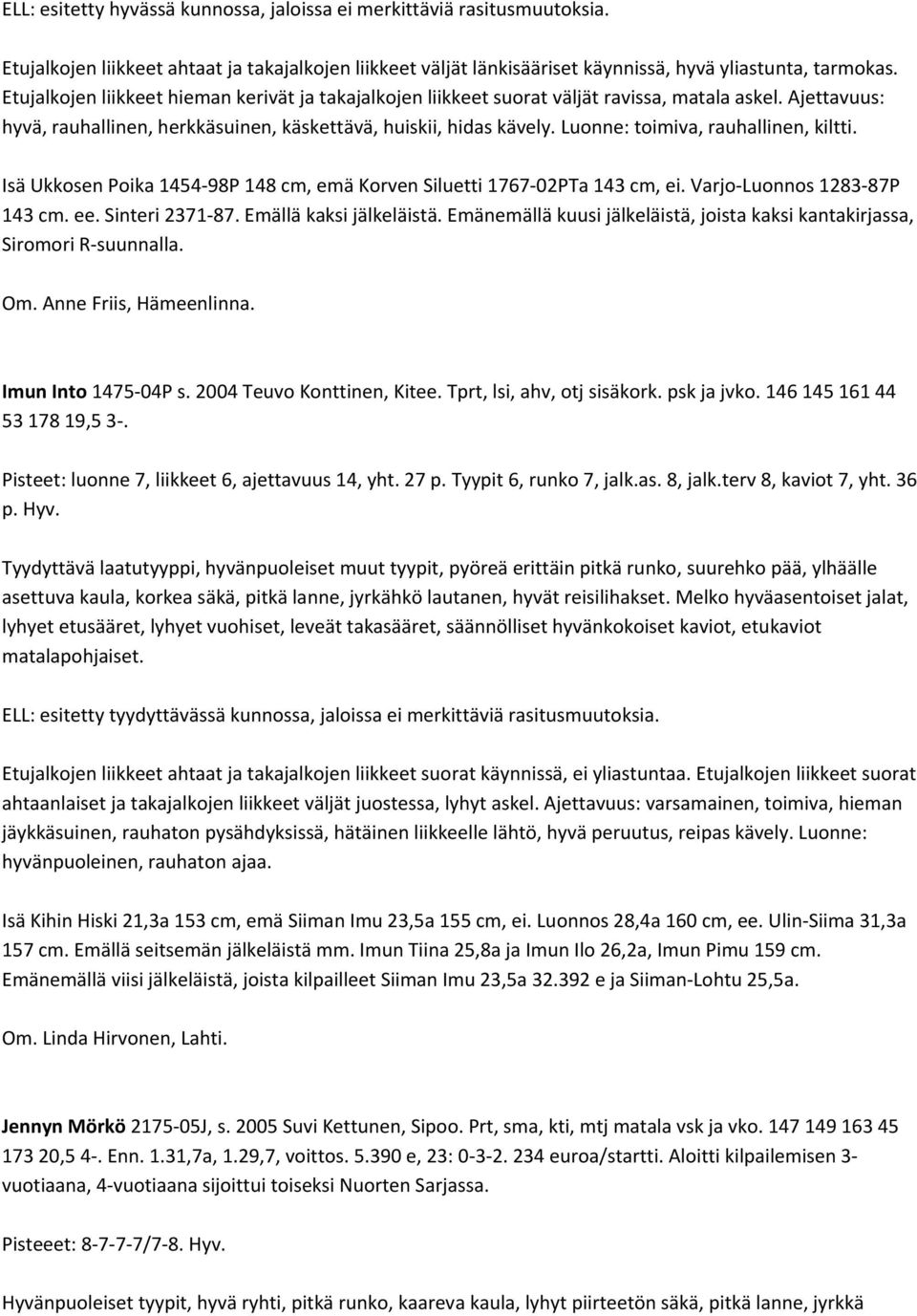 Luonne: toimiva, rauhallinen, kiltti. Isä Ukkosen Poika 1454 98P 148 cm, emä Korven Siluetti 1767 02PTa 143 cm, ei. Varjo Luonnos 1283 87P 143 cm. ee. Sinteri 2371 87. Emällä kaksi jälkeläistä.