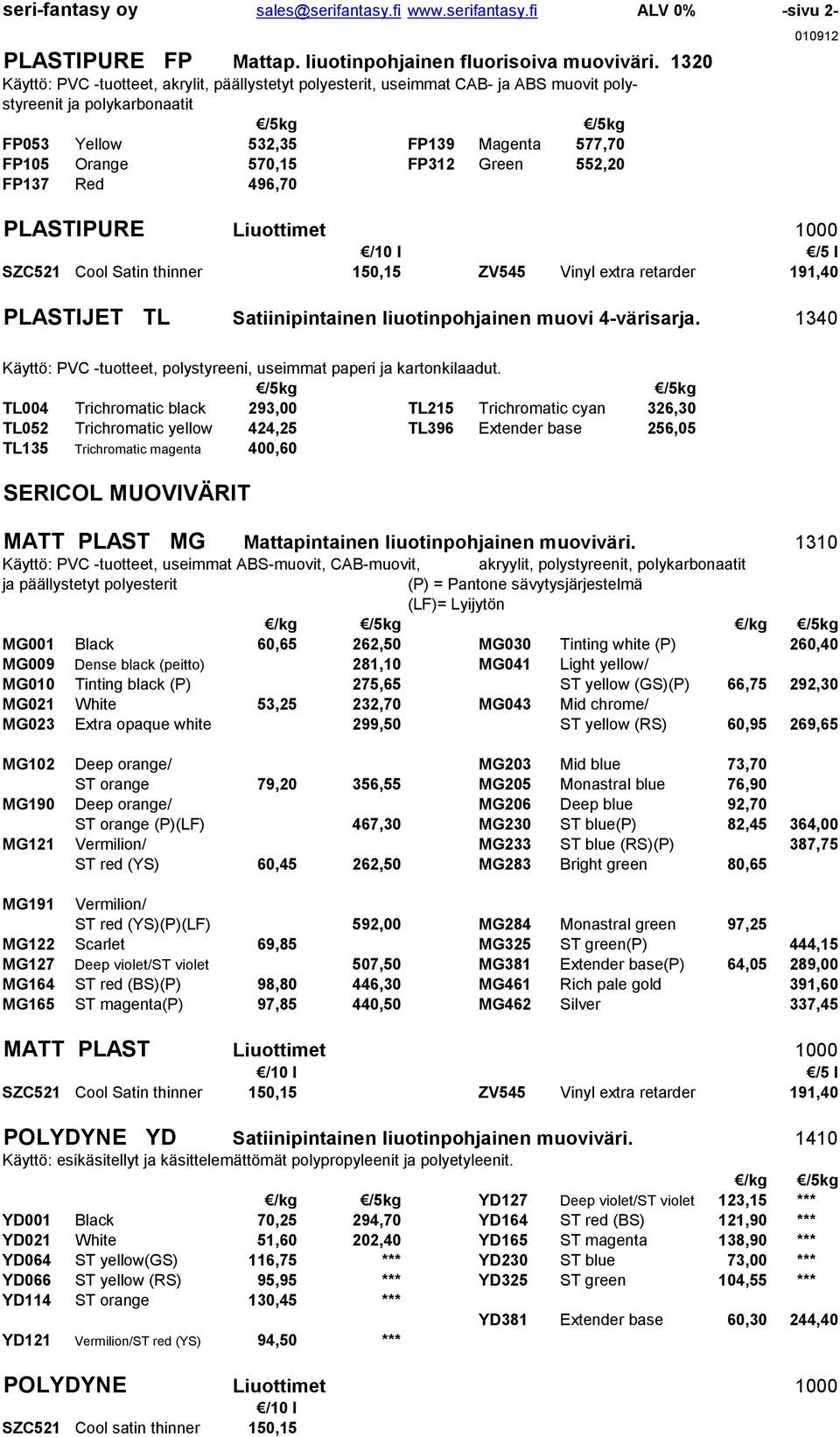 FP312 Green 552,20 FP137 Red 496,70 PLASTIPURE Liuottimet 1000 /10 l /5 l SZC521 Cool Satin thinner 150,15 ZV545 Vinyl extra retarder 191,40 PLASTIJET TL Satiinipintainen liuotinpohjainen muovi