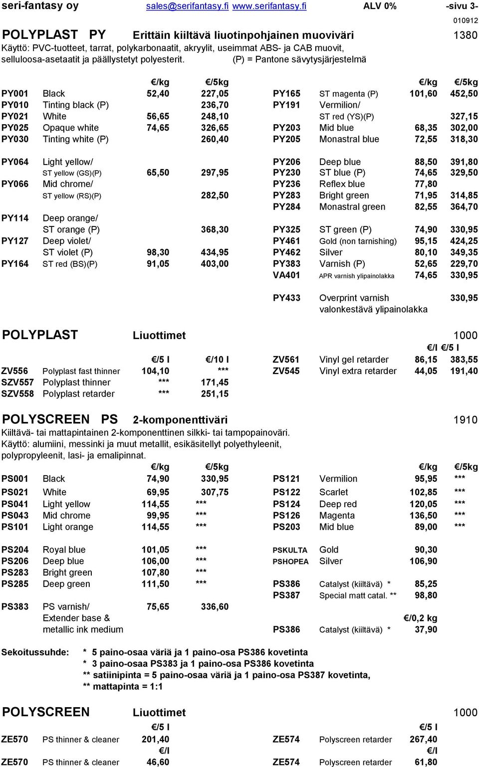 fi ALV 0% -sivu 3- POLYPLAST PY Erittäin kiiltävä liuotinpohjainen muoviväri 1380 Käyttö: PVC-tuotteet, tarrat, polykarbonaatit, akryylit, useimmat ABS- ja CAB muovit, selluloosa-asetaatit ja