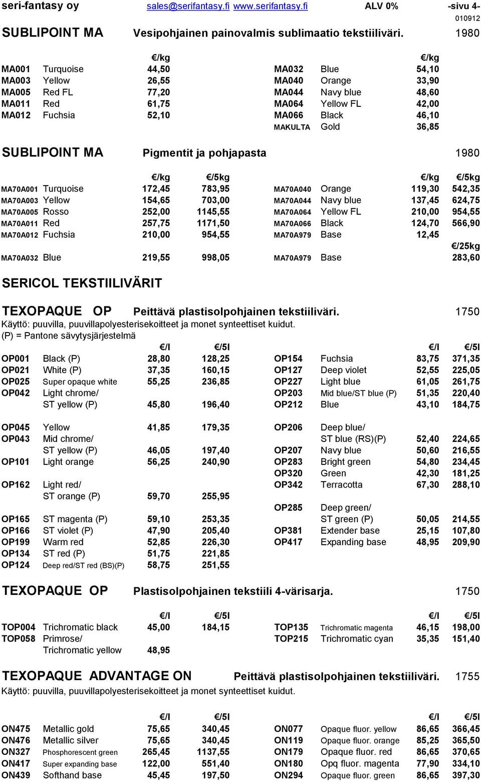 Black 46,10 MAKULTA Gold 36,85 SUBLIPOINT MA Pigmentit ja pohjapasta 1980 /kg /5kg /kg /5kg MA70A001 Turquoise 172,45 783,95 MA70A040 Orange 119,30 542,35 MA70A003 Yellow 154,65 703,00 MA70A044 Navy