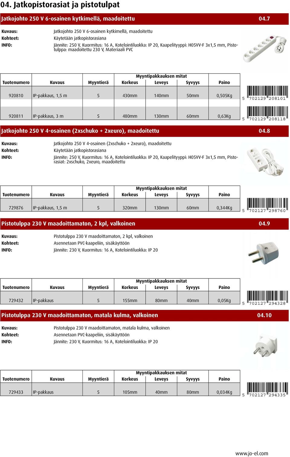 IP-pakkaus, 1,5 m 5 430mm 140mm 50mm 0,505Kg 5 702129 208101 920811 IP-pakkaus, 3 m 5 480mm 130mm 60mm 0,63Kg 5 702129 208118 Jatkojohto 250 V 4-osainen (2xschuko + 2xeuro), maadoitettu 04.