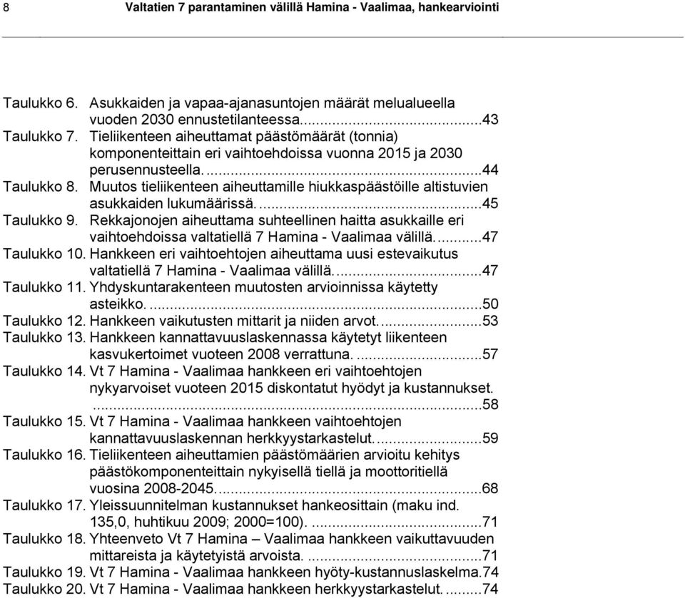 Muutos tieliikenteen aiheuttamille hiukkaspäästöille altistuvien asukkaiden lukumäärissä...45 Taulukko 9.