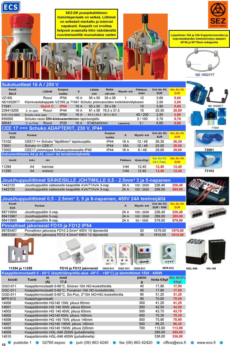 60*70mm reikäjaoilla Sukotuotteet 16 A / 250 V Koodi Suojaus Laippa Reikä- Pakkauskoko Ovh Alv 0% Liitäntä A Myynti- erä BALS luokka mm väli mm VZ16S Ruuvi IP54 16 A 50 x 50 38 x 38 1 12 5,60 5,60