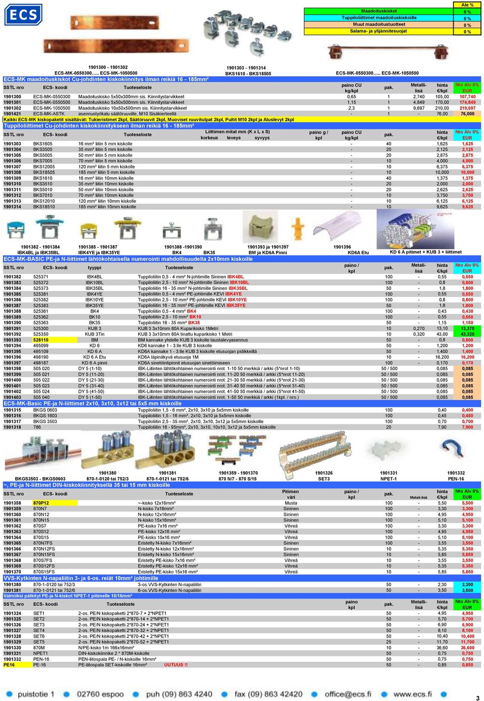 . ECS-MK-1050500 ECS-MK maadoituskiskot Cu-johdinten kiskokiinnitys ilman reikiä 16-185mm² SSTL nro ECS- Tuoteseloste paino CU Metallilisä /kpl hinta kg/kpl 1901300 ECS-MK-0550300 Maadoituskisko