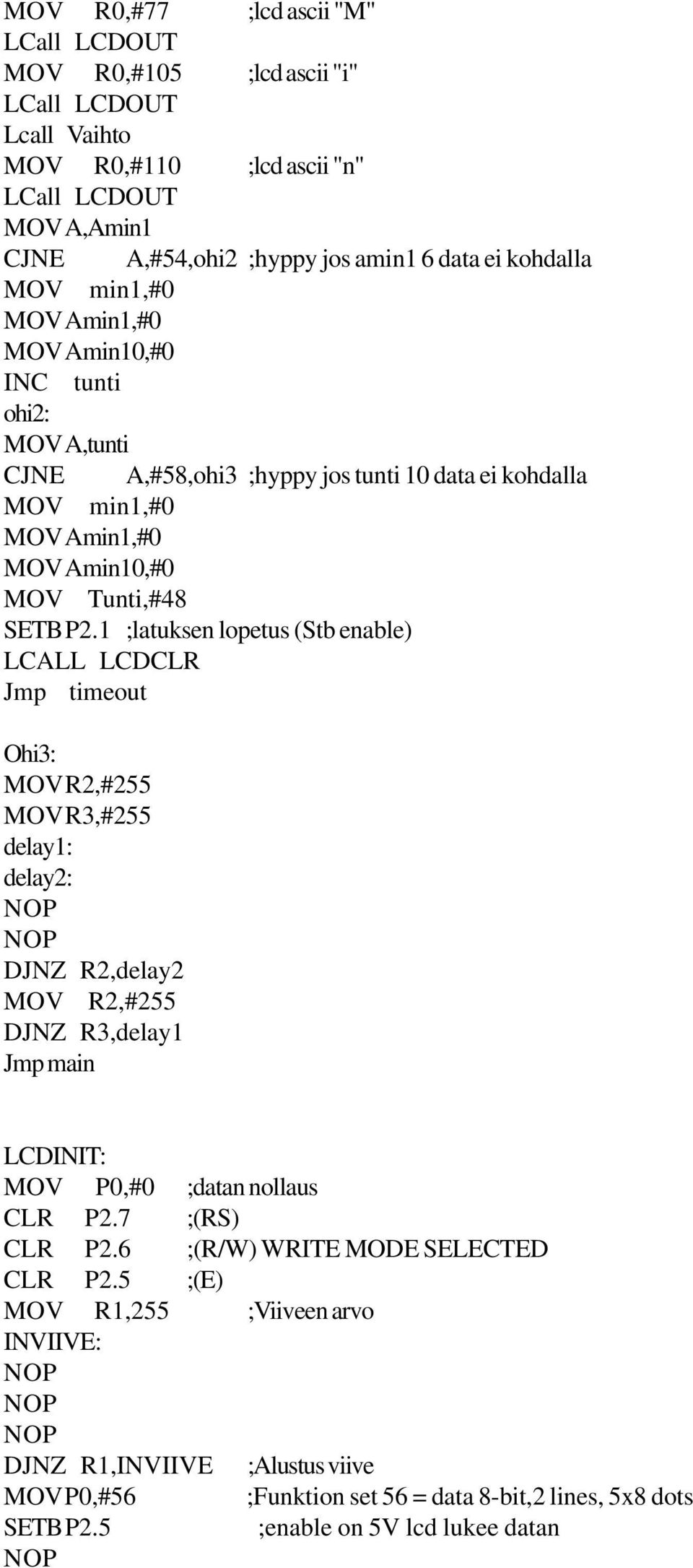 1 ;latuksen lopetus (Stb enable) LCALL LCDCLR Jmp timeout Ohi3: MOVR2,#255 MOVR3,#255 delay1: delay2: DJNZ R2,delay2 MOV R2,#255 DJNZ R3,delay1 Jmp main LCDINIT: MOV P0,#0 ;datan