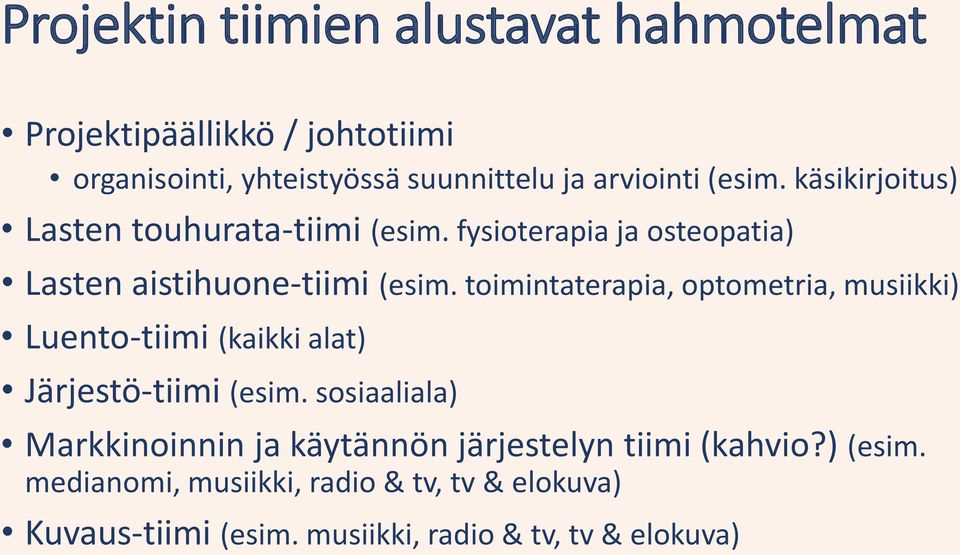 toimintaterapia, optometria, musiikki) Luento-tiimi (kaikki alat) Järjestö-tiimi (esim.