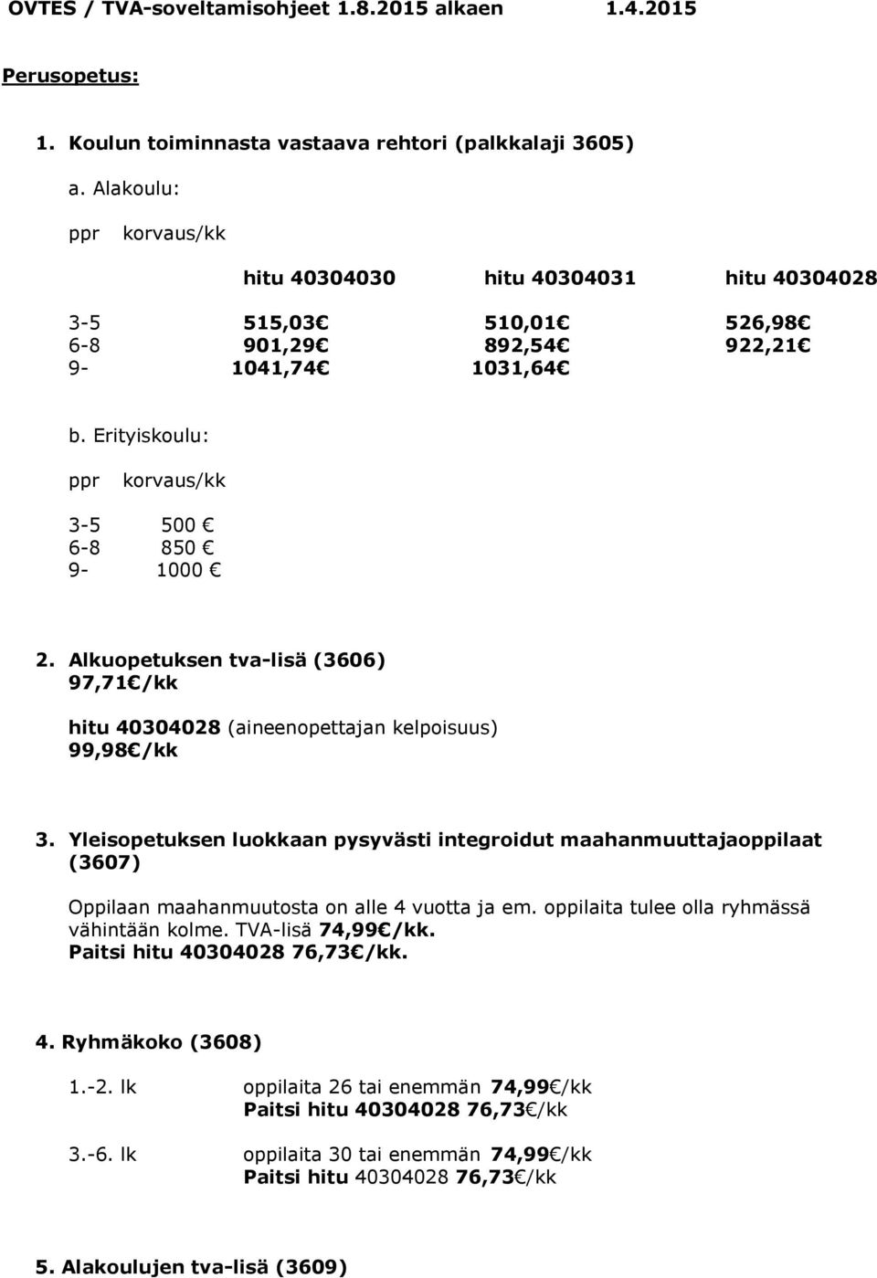 Erityiskoulu: ppr korvaus/kk 3-5 500 6-8 850 9-1000 2. Alkuopetuksen tva-lisä (3606) 97,71 /kk hitu 40304028 (aineenopettajan kelpoisuus) 99,98 /kk 3.