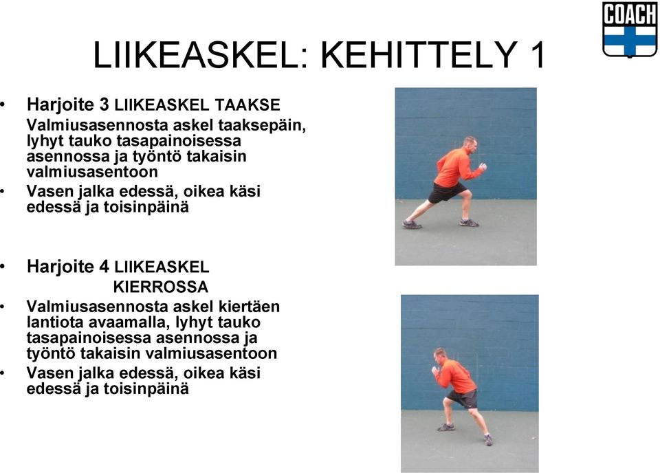 toisinpäinä Harjoite 4 LIIKEASKEL KIERROSSA Valmiusasennosta askel kiertäen lantiota avaamalla, lyhyt