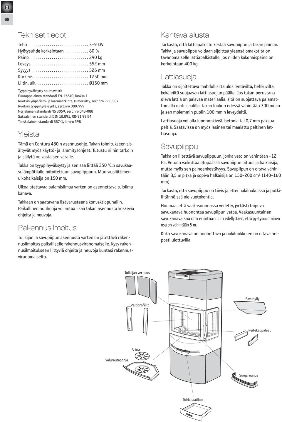 nro 0887/99 Norjalainen standardi NS 3059, sert.nro 043-088 Saksalainen standardi DIN 18.891, RO-91 99 84 Tanskalainen standardi 887-1, id-nro 598 Yleistä Tämä on Contura 480:n asennusohje.