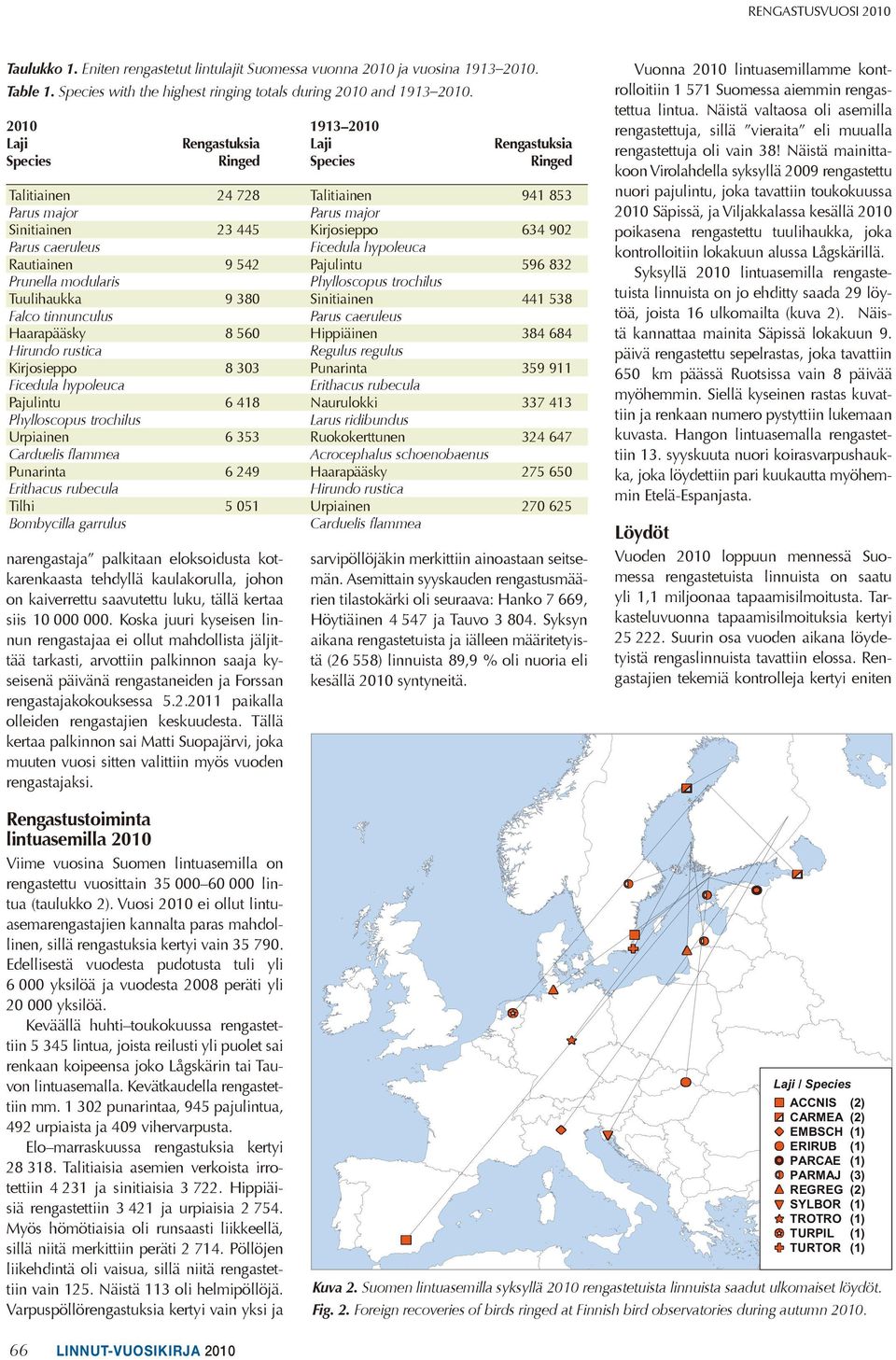 Pajulintu Phylloscopus trochilus Urpiainen Carduelis ßammea Punarinta Erithacus rubecula Tilhi Bombycilla garrulus 24 728 23 445 9 542 9 380 8 560 8 303 6 418 6 353 6 249 5 051 narengastaja palkitaan