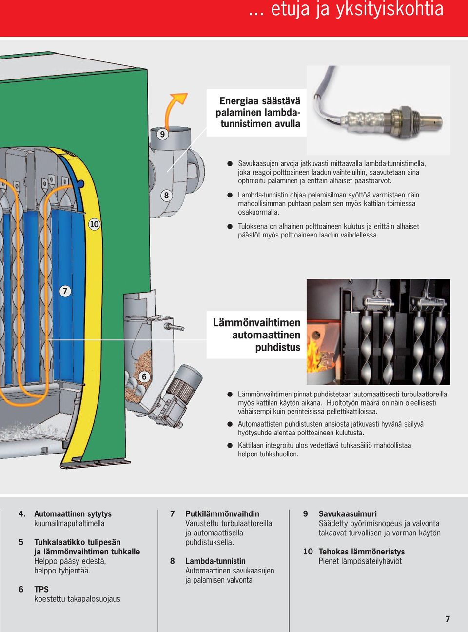10 8 Lambda-tunnistin ohjaa palamisilman syöttöä varmistaen näin mahdollisimman puhtaan palamisen myös kattilan toimiessa osakuormalla.