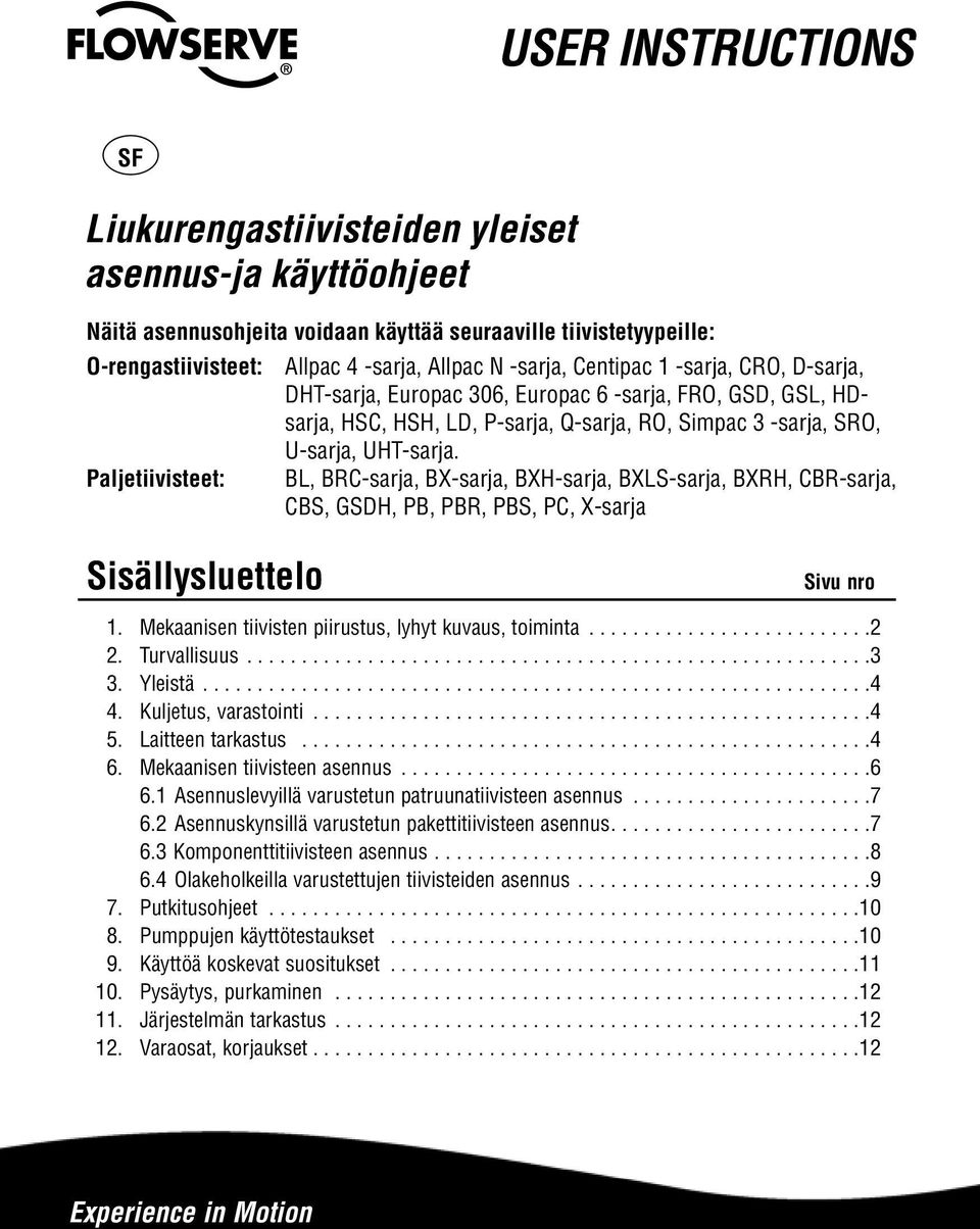 BL, BRC-sarja, BX-sarja, BXH-sarja, BXLS-sarja, BXRH, CBR-sarja, CBS, GSDH, PB, PBR, PBS, PC, X-sarja Sisällysluettelo Sivu nro 1. Mekaanisen tiivisten piirustus, lyhyt kuvaus, toiminta..........................2 2.