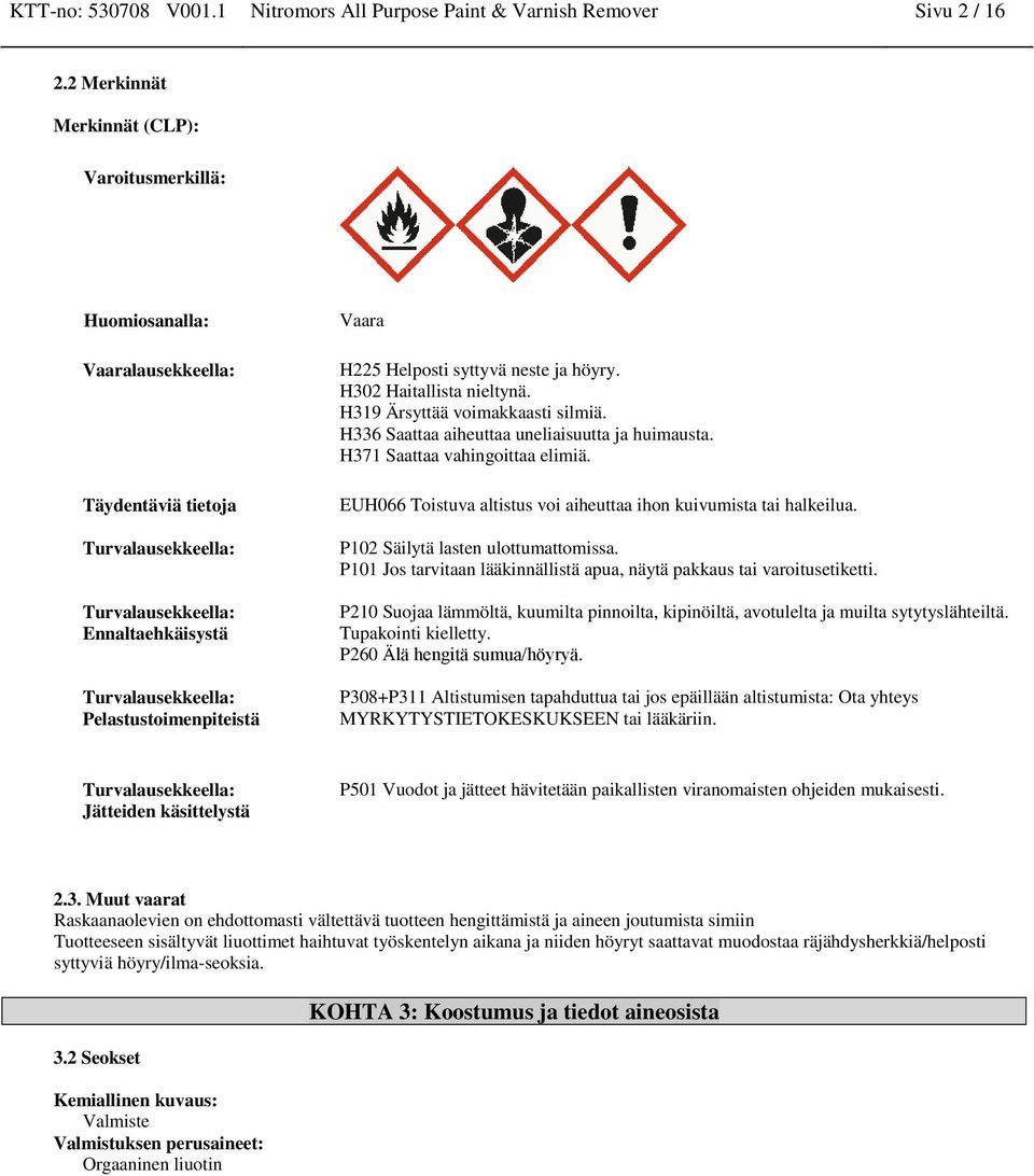 Vaara H225 Helposti syttyvä neste ja höyry. H302 Haitallista nieltynä. H319 Ärsyttää voimakkaasti silmiä. H336 Saattaa aiheuttaa uneliaisuutta ja huimausta. H371 Saattaa vahingoittaa elimiä.