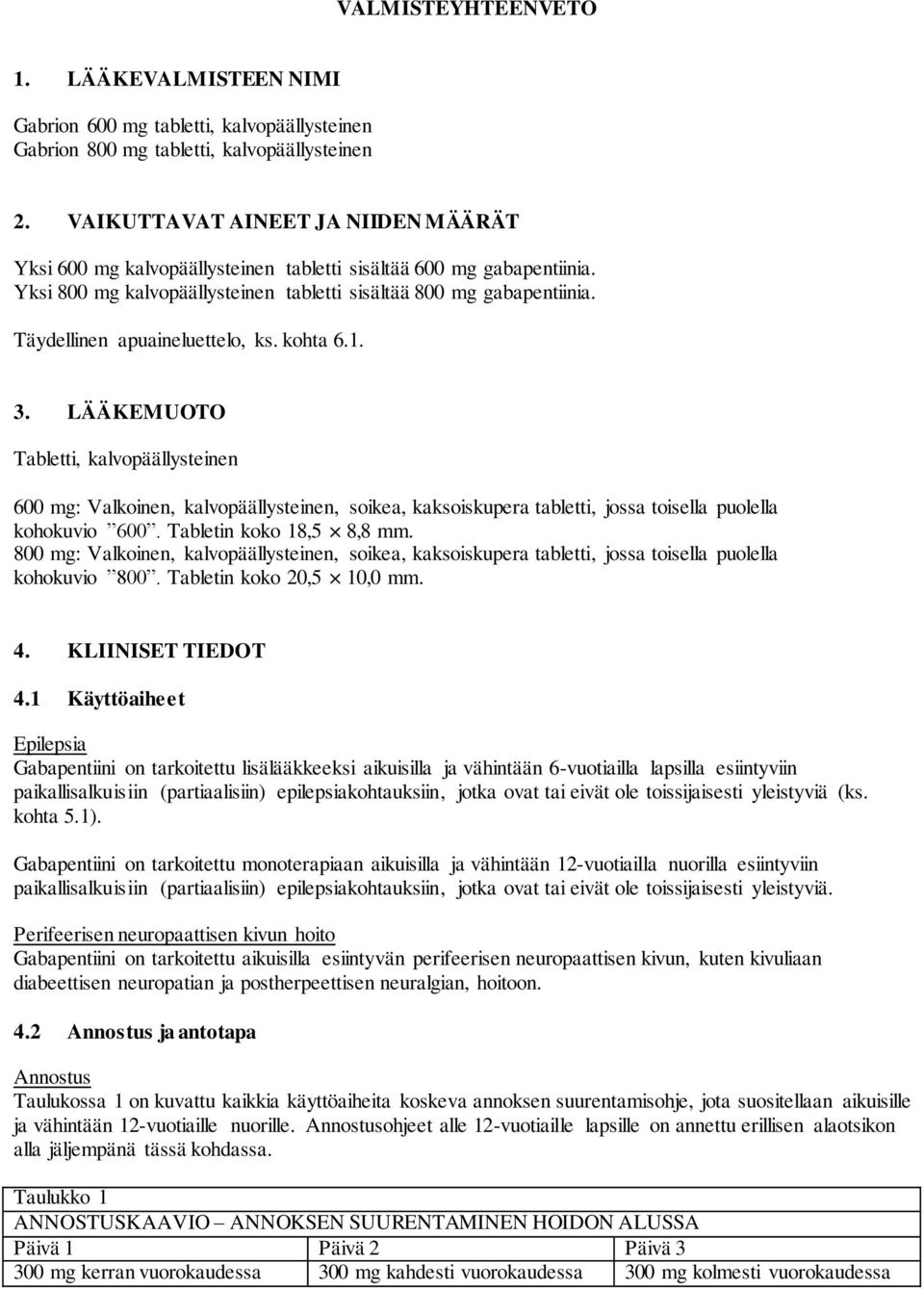 Täydellinen apuaineluettelo, ks. kohta 6.1. 3. LÄÄKEMUOTO Tabletti, kalvopäällysteinen 600 mg: Valkoinen, kalvopäällysteinen, soikea, kaksoiskupera tabletti, jossa toisella puolella kohokuvio 600.