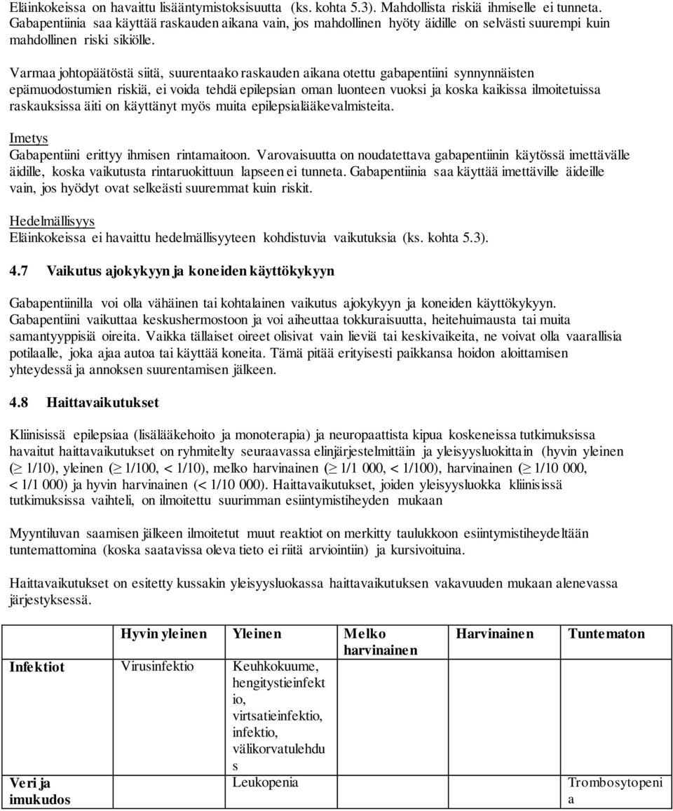 Varmaa johtopäätöstä siitä, suurentaako raskauden aikana otettu gabapentiini synnynnäisten epämuodostumien riskiä, ei voida tehdä epilepsian oman luonteen vuoksi ja koska kaikissa ilmoitetuissa