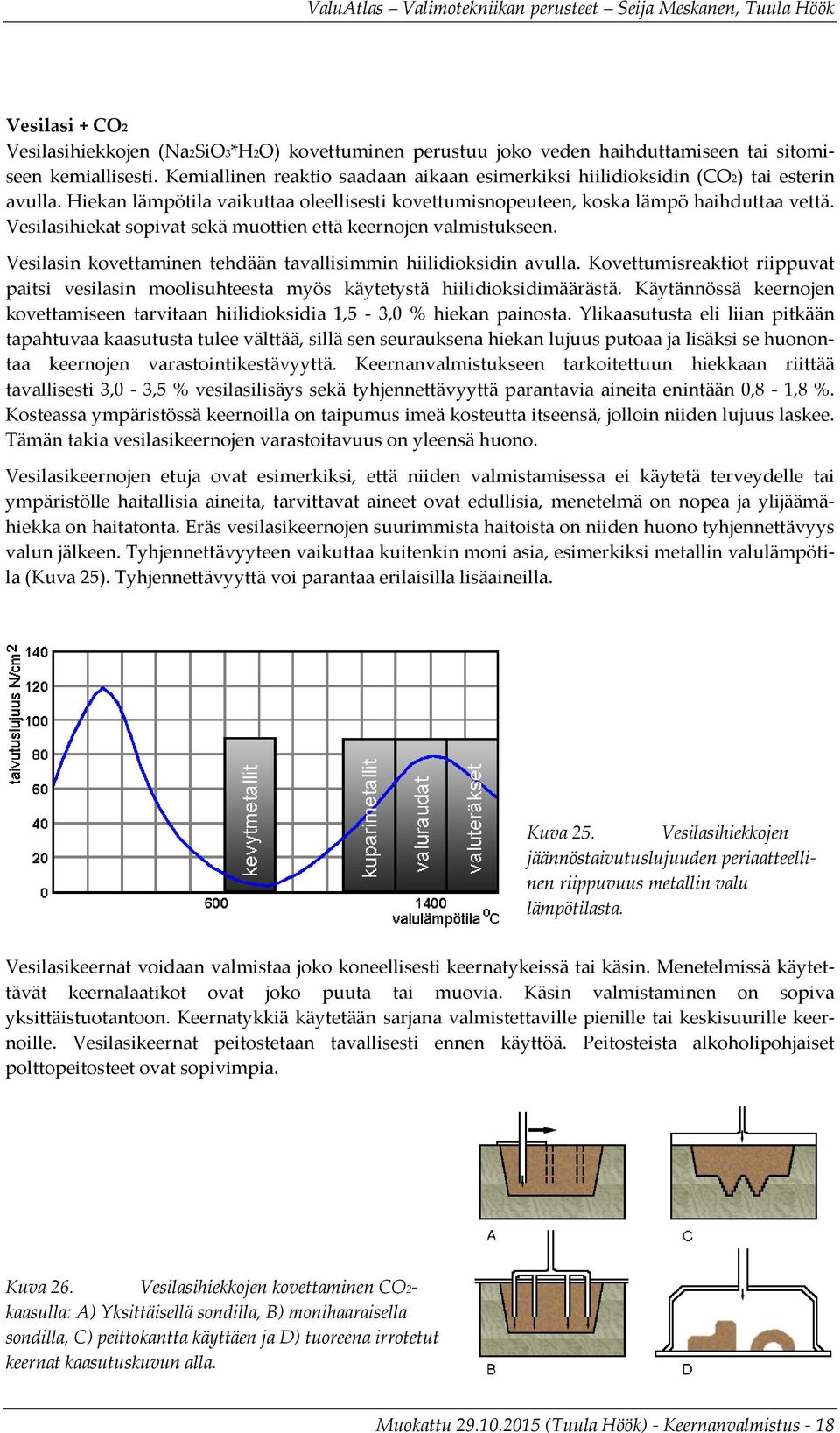 Vesilasihiekat sopivat sekä muottien että keernojen valmistukseen. Vesilasin kovettaminen tehdään tavallisimmin hiilidioksidin avulla.