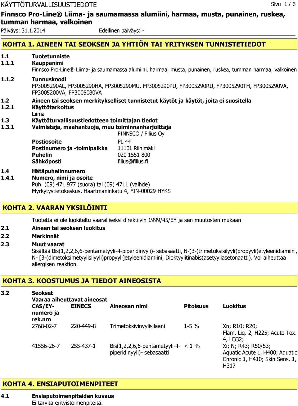 Käyttöturvallisuustiedotteen toimittajan tiedot 1.3.