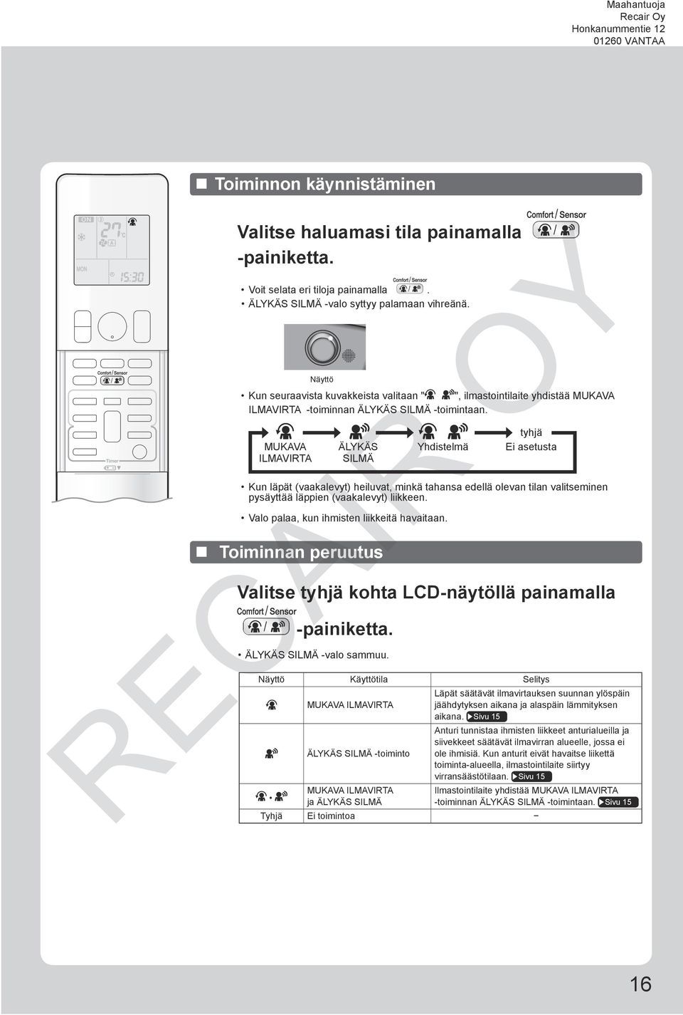 MUKAVA ILMAVIRTA ÄLYKÄS SILMÄ Yhdistelmä tyhjä Ei asetusta Kun läpät (vaakalevyt) heiluvat, minkä tahansa edellä olevan tilan valitseminen pysäyttää läppien (vaakalevyt) liikkeen.