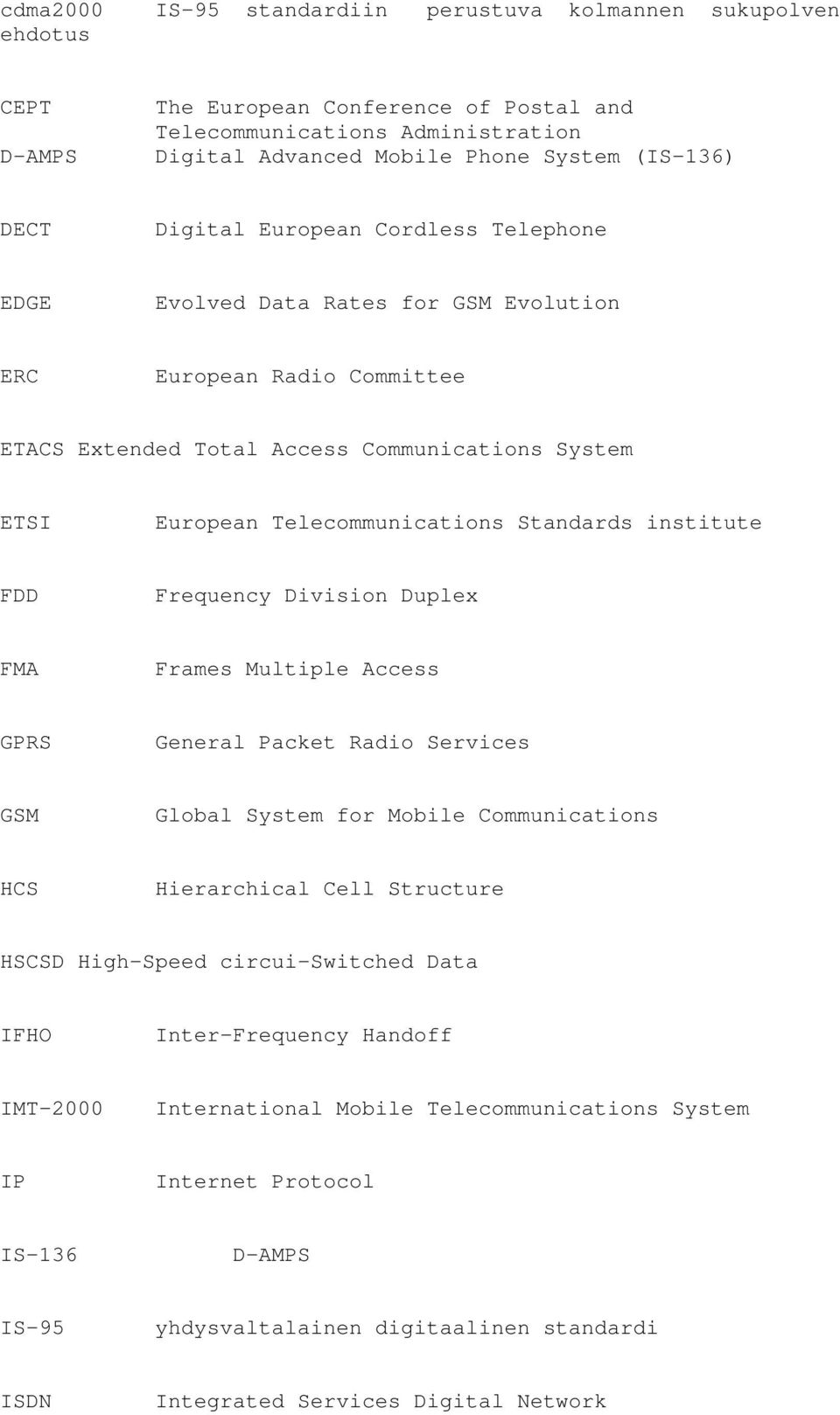 Standards institute FDD Frequency Division Duplex FMA Frames Multiple Access GPRS General Packet Radio Services GSM Global System for Mobile Communications HCS Hierarchical Cell Structure HSCSD