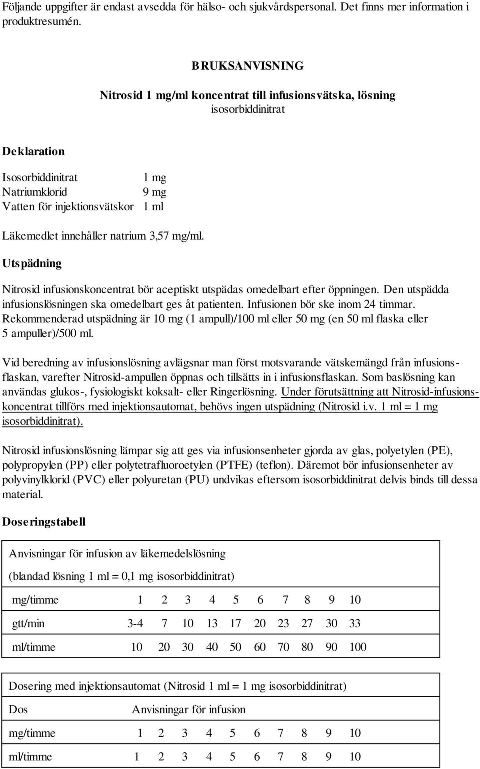 innehåller natrium 3,57 mg/ml. Utspädning Nitrosid infusionskoncentrat bör aceptiskt utspädas omedelbart efter öppningen. Den utspädda infusionslösningen ska omedelbart ges åt patienten.