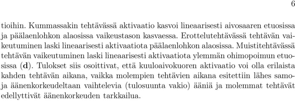 Muistitehtävässä tehtävän vaikeutuminen laski lineaarisesti aktivaatiota ylemmän ohimopoimun etuosissa (d).