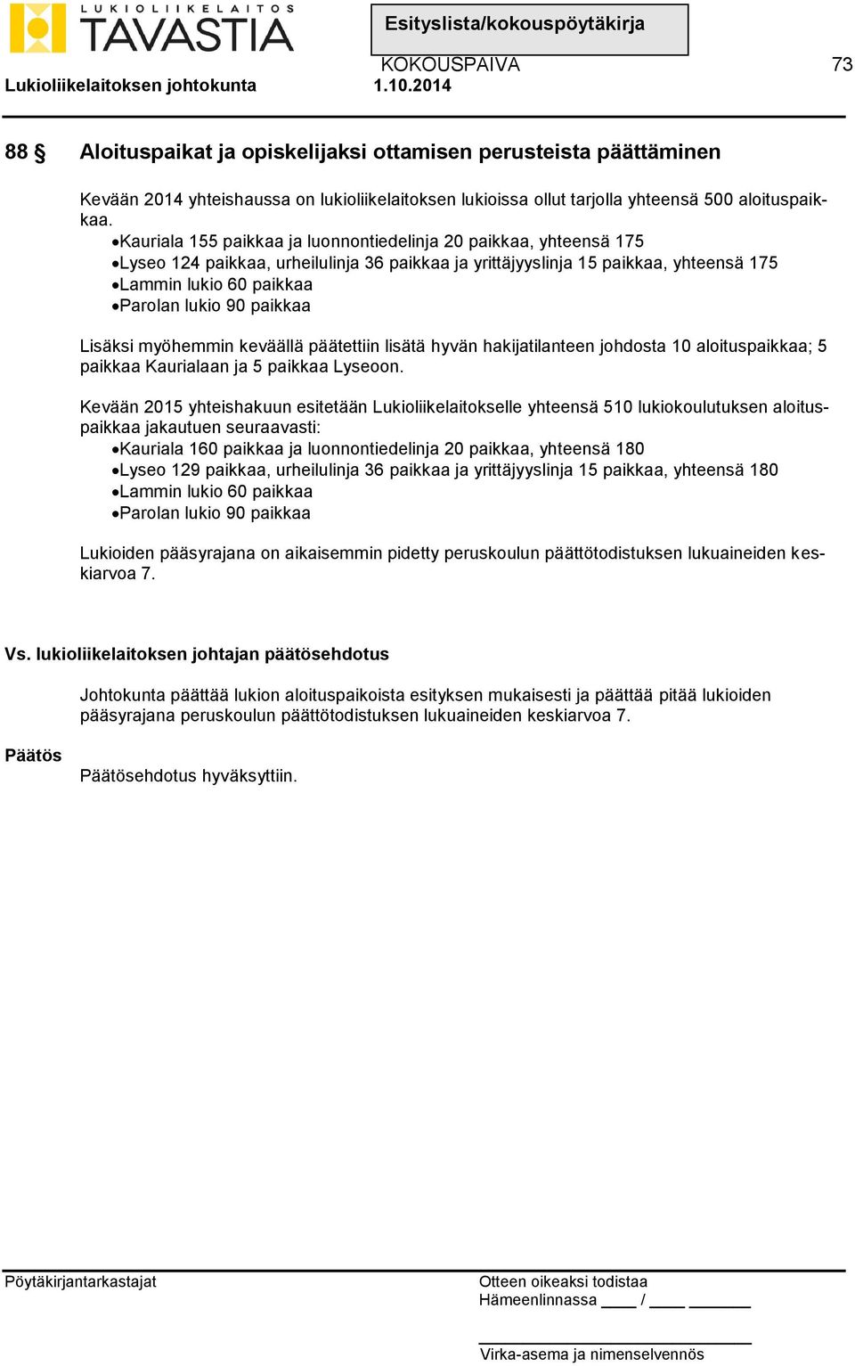 paikkaa Lisäksi myöhemmin keväällä päätettiin lisätä hyvän hakijatilanteen johdosta 10 aloituspaikkaa; 5 paikkaa Kaurialaan ja 5 paikkaa Lyseoon.