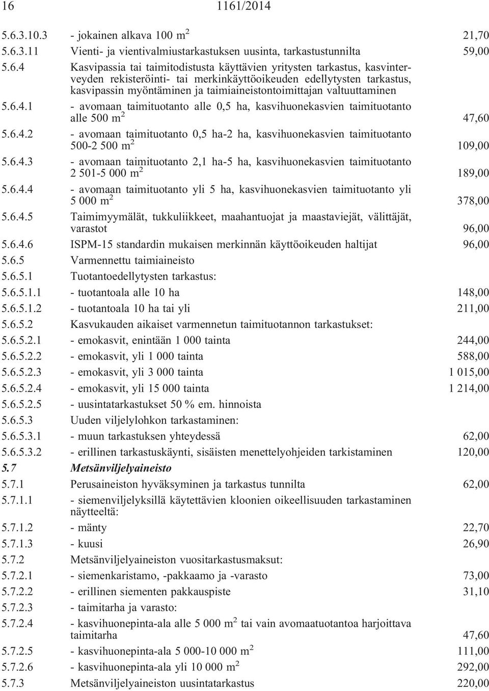 1 - avomaan taimituotanto alle 0,5 ha, kasvihuonekasvien taimituotanto alle 500 m 2 47,60 5.6.4.2 - avomaan taimituotanto 0,5 ha-2 ha, kasvihuonekasvien taimituotanto 500-2 500 m 2 109,00 5.6.4.3 - avomaan taimituotanto 2,1 ha-5 ha, kasvihuonekasvien taimituotanto 2 501-5 000 m 2 189,00 5.