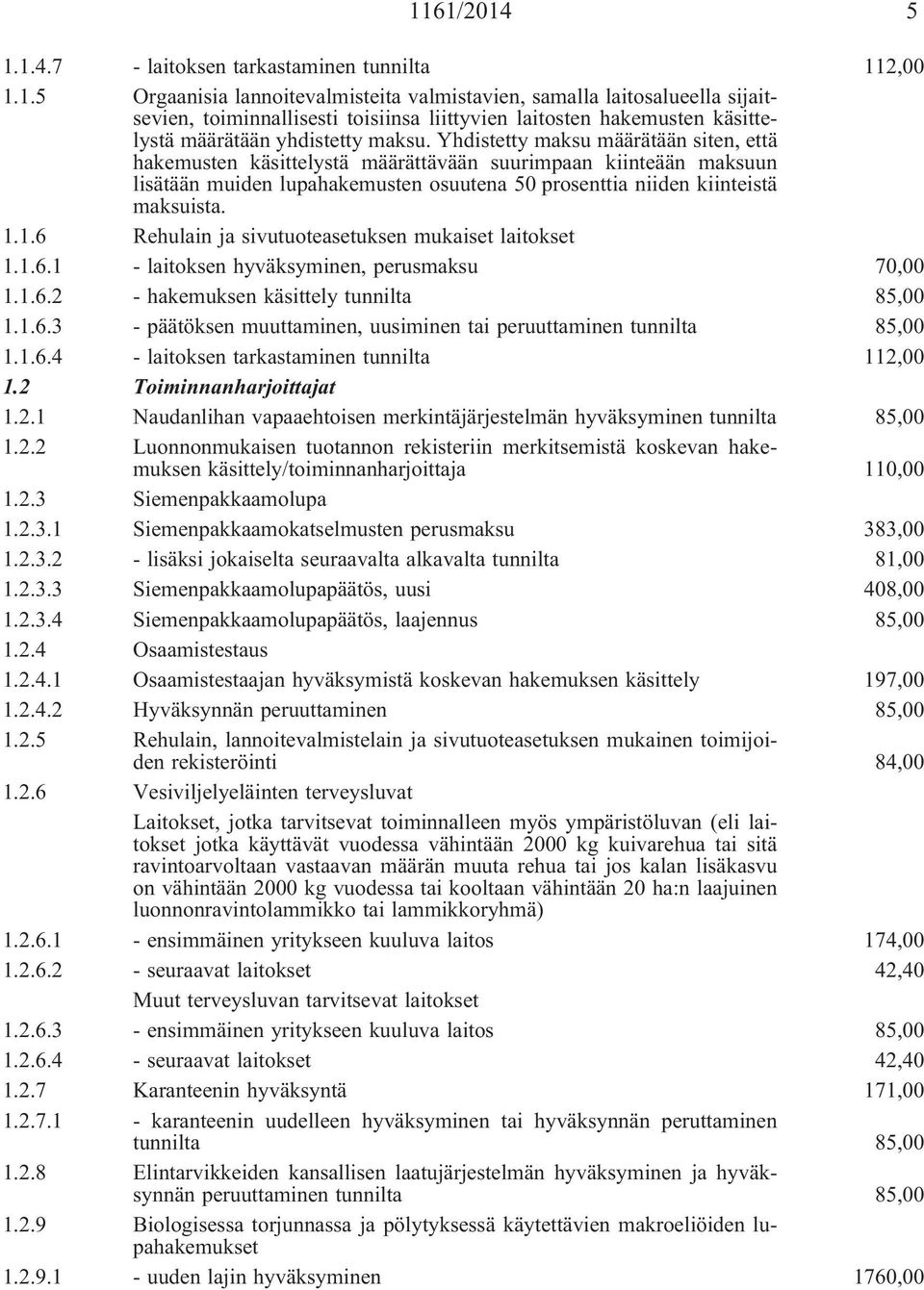 1.6 Rehulain ja sivutuoteasetuksen mukaiset laitokset 1.1.6.1 - laitoksen hyväksyminen, perusmaksu 70,00 1.1.6.2 - hakemuksen käsittely tunnilta 85,00 1.1.6.3 - päätöksen muuttaminen, uusiminen tai peruuttaminen tunnilta 85,00 1.