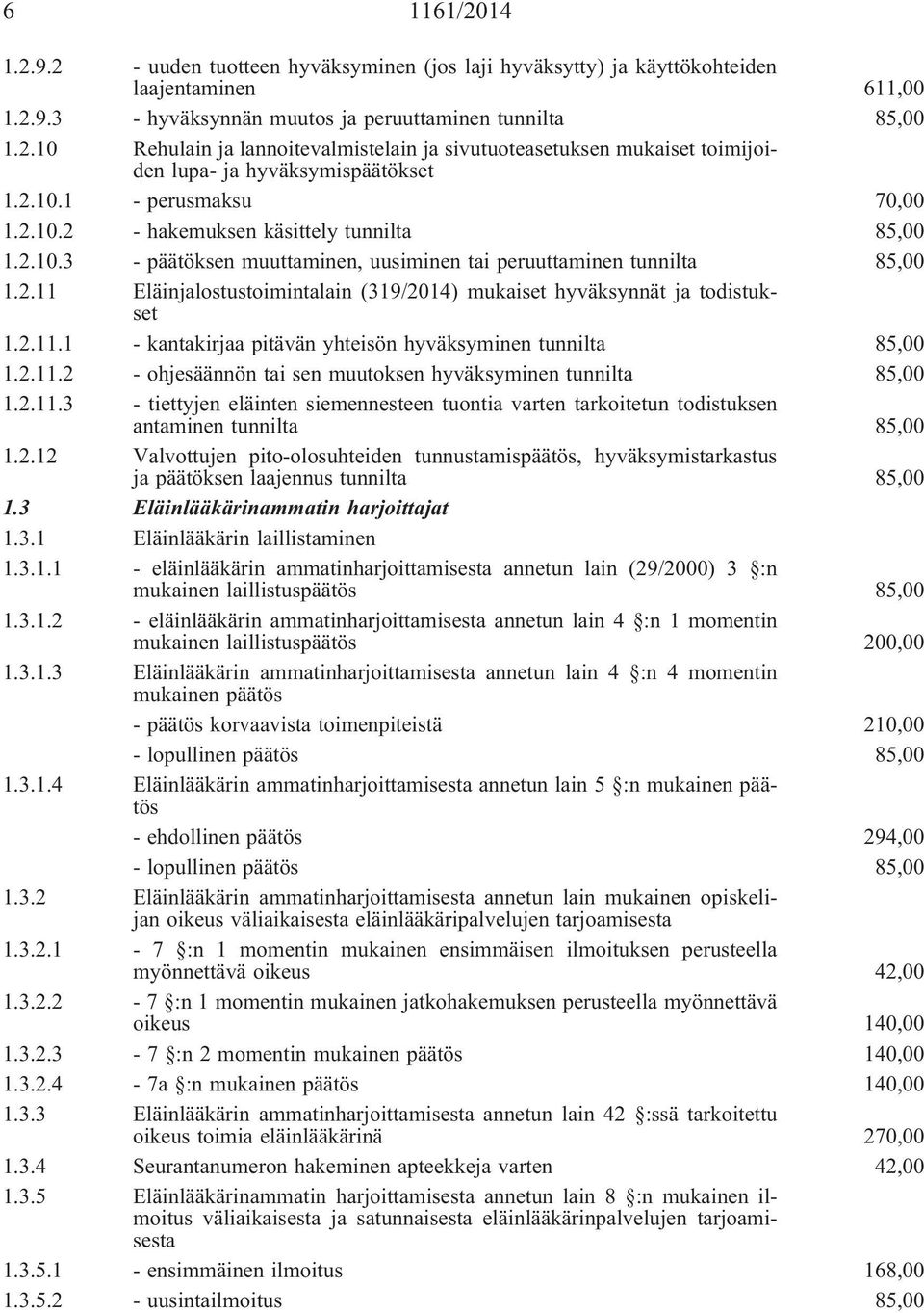 2.11.1 - kantakirjaa pitävän yhteisön hyväksyminen tunnilta 85,00 1.2.11.2 - ohjesäännön tai sen muutoksen hyväksyminen tunnilta 85,00 1.2.11.3 - tiettyjen eläinten siemennesteen tuontia varten tarkoitetun todistuksen antaminen tunnilta 85,00 1.