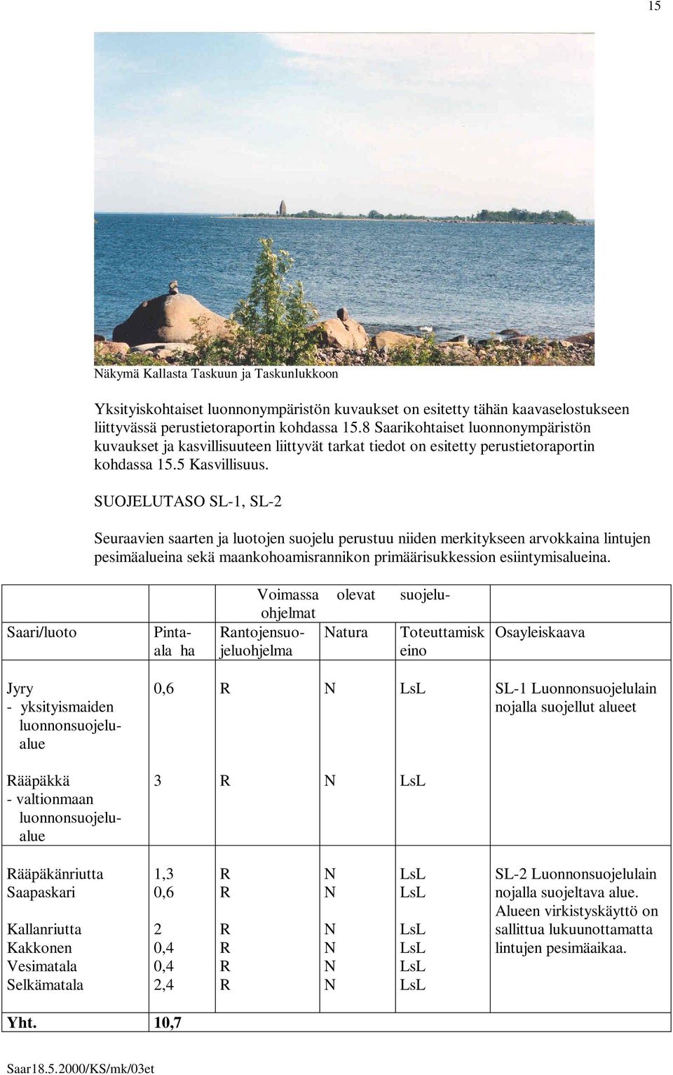 SUOJELUTASO SL-1, SL-2 Seuraavien saarten ja luotojen suojelu perustuu niiden merkitykseen arvokkaina lintujen pesimäalueina sekä maankohoamisrannikon primäärisukkession esiintymisalueina.