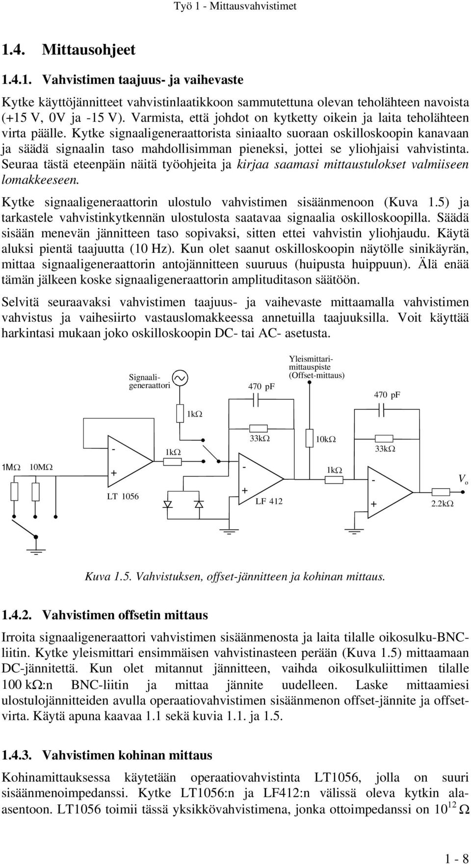 Kytke signaaligeneraattorista siniaalto suoraan oskilloskoopin kanavaan ja säädä signaalin taso mahdollisimman pieneksi, jottei se yliohjaisi vahvistinta.