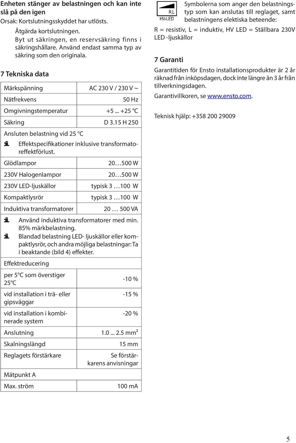 15 H 250 Ansluten belastning vid 25 C Effektspecifikationer inklusive transformatoreffektförlust.