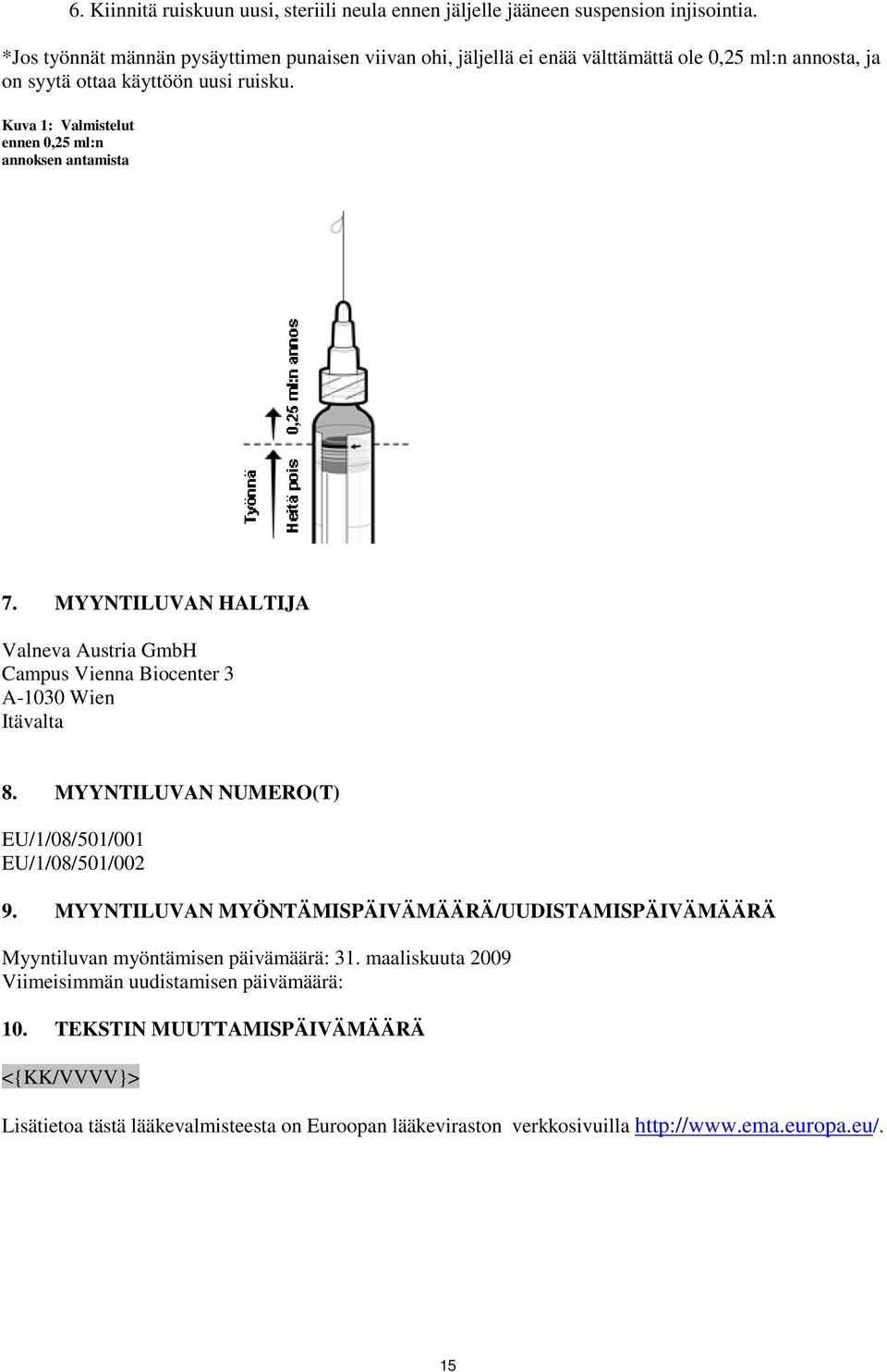 Kuva 1: Valmistelut ennen 0,25 ml:n annoksen antamista 7. MYYNTILUVAN HALTIJA Valneva Austria GmbH Campus Vienna Biocenter 3 A-1030 Wien Itävalta 8.