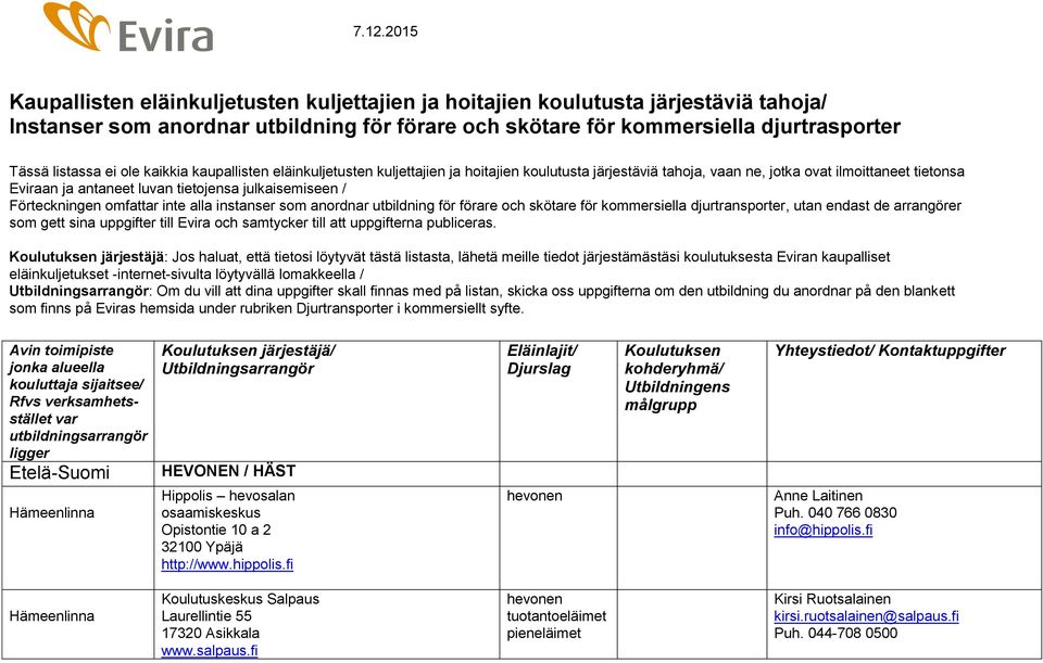 Förteckningen omfattar inte alla instanser som anordnar utbildning för förare och skötare för kommersiella djurtransporter, utan endast de arrangörer som gett sina uppgifter till Evira och samtycker