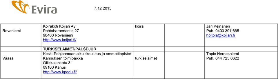 fi TURKISELÄIMET/PÄLSDJUR Keski-Pohjanmaan aikuiskoulutus ja ammattiopisto/ Kannuksen
