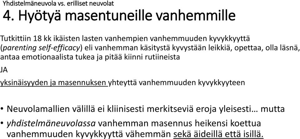 vanhemman käsitystä kyvystään leikkiä, opettaa, olla läsnä, antaa emotionaalista tukea ja pitää kiinni rutiineista JA yksinäisyyden ja