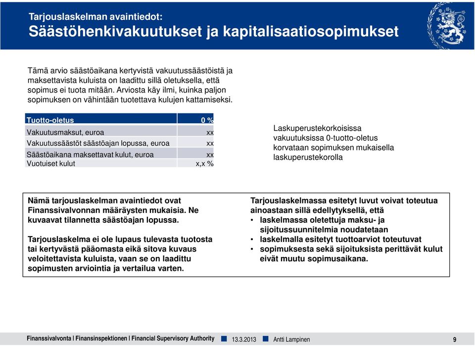 Tuotto-oletus 0 % Vakuutusmaksut, euroa Vakuutussäästöt säästöajan lopussa, euroa Säästöaikana maksettavat kulut, euroa Vuotuiset kulut x,x % Laskuperustekorkoisissa vakuutuksissa 0-tuotto-oletus