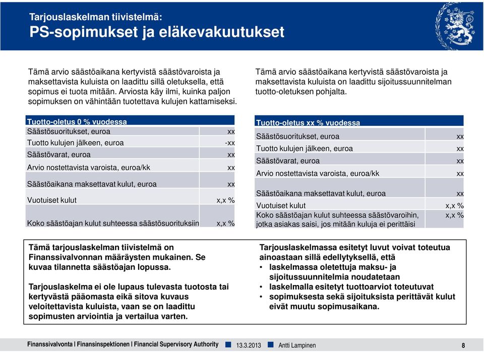 Tuotto-oletus 0 % vuodessa Säästösuoritukset, euroa Tuotto kulujen jälkeen, euroa Säästövarat, euroa Arvio nostettavista varoista, euroa/kk Säästöaikana maksettavat kulut, euroa - Vuotuiset kulut x,x