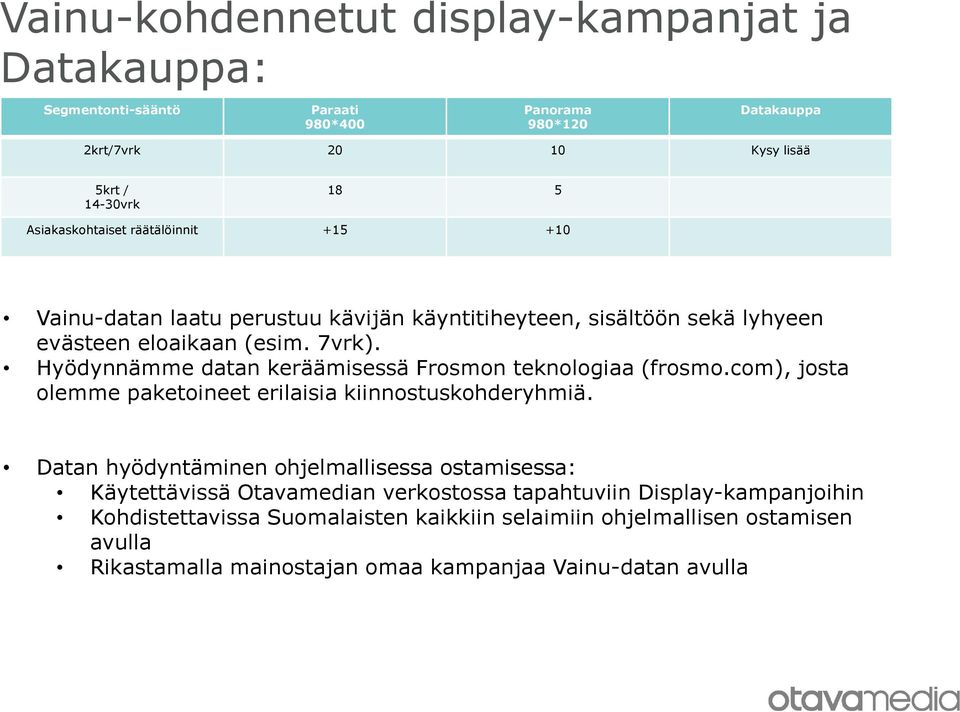 Hyödynnämme datan keräämisessä Frosmon teknologiaa (frosmo.com), josta olemme paketoineet erilaisia kiinnostuskohderyhmiä.