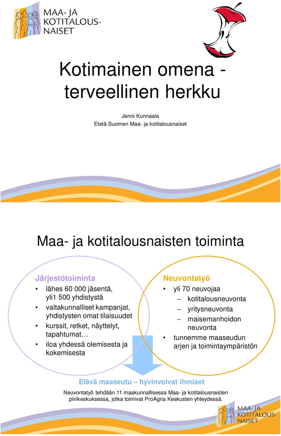 ja kokemisesta Neuvontatyö yli 70 neuvojaa kotitalousneuvonta yritysneuvonta maisemanhoidon neuvonta tunnemme maaseudun arjen ja toimintaympäristön Elävä