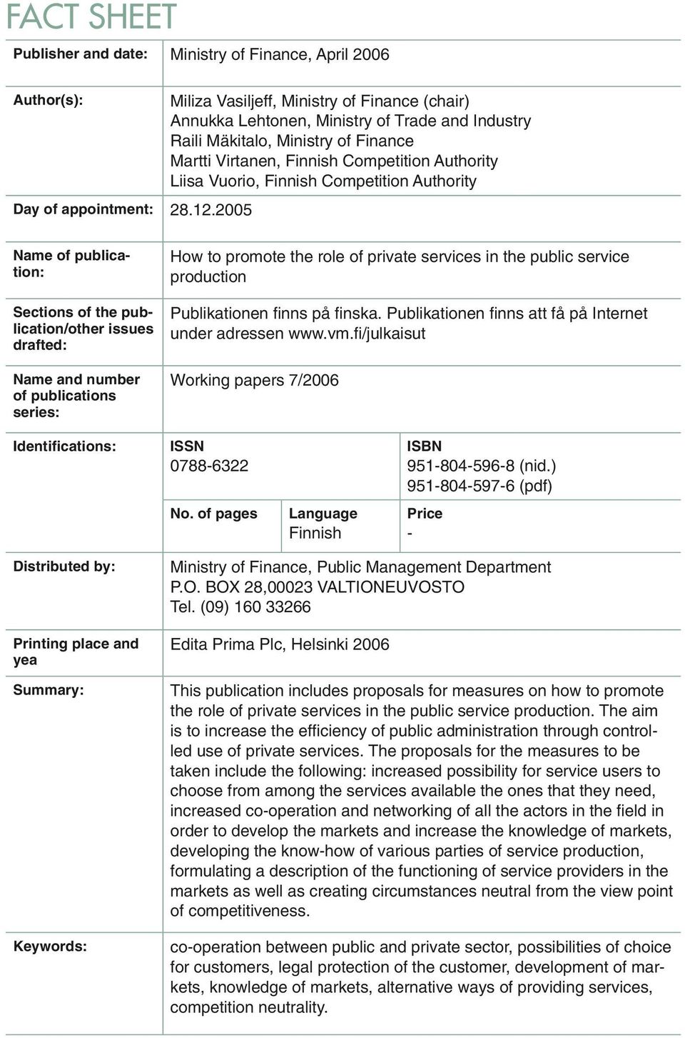 Finnish Competition Authority Name of publication: Sections of the publication/other issues drafted: Name and number of publications series: How to promote the role of private services in the public