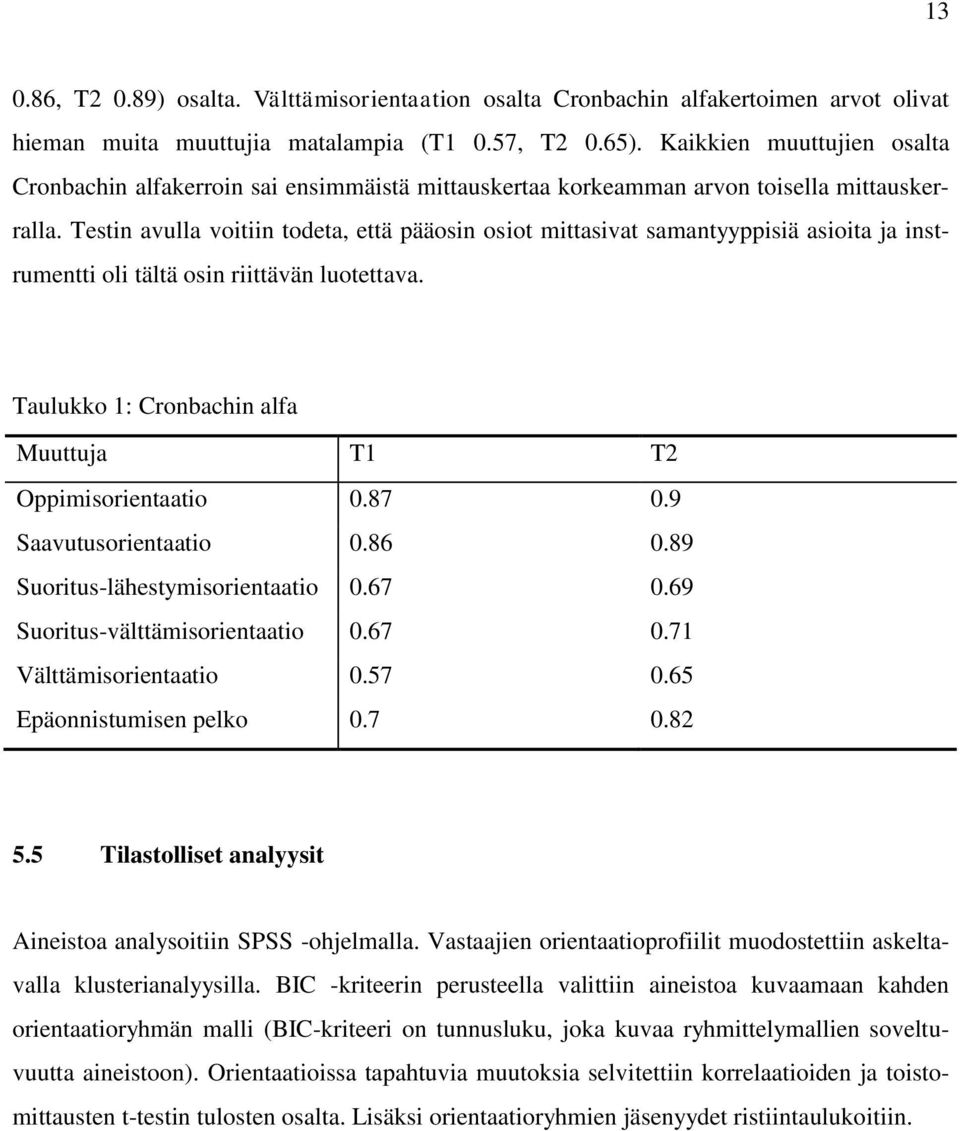 Testin avulla voitiin todeta, että pääosin osiot mittasivat samantyyppisiä asioita ja instrumentti oli tältä osin riittävän luotettava. Taulukko 1: Cronbachin alfa Muuttuja T1 T2 Oppimisorientaatio 0.