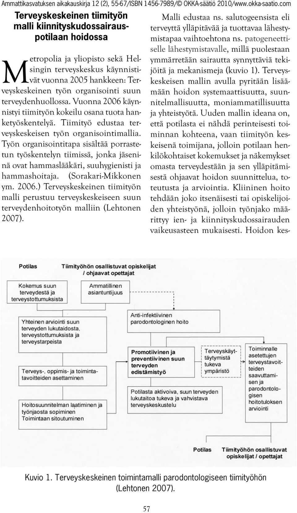 Työn organisointitapa sisältää porrastetun työskentelyn tiimissä, jonka jäseninä ovat hammaslääkäri, suuhygienisti ja hammashoitaja. (Sorakari-Mikkonen ym. 2006.