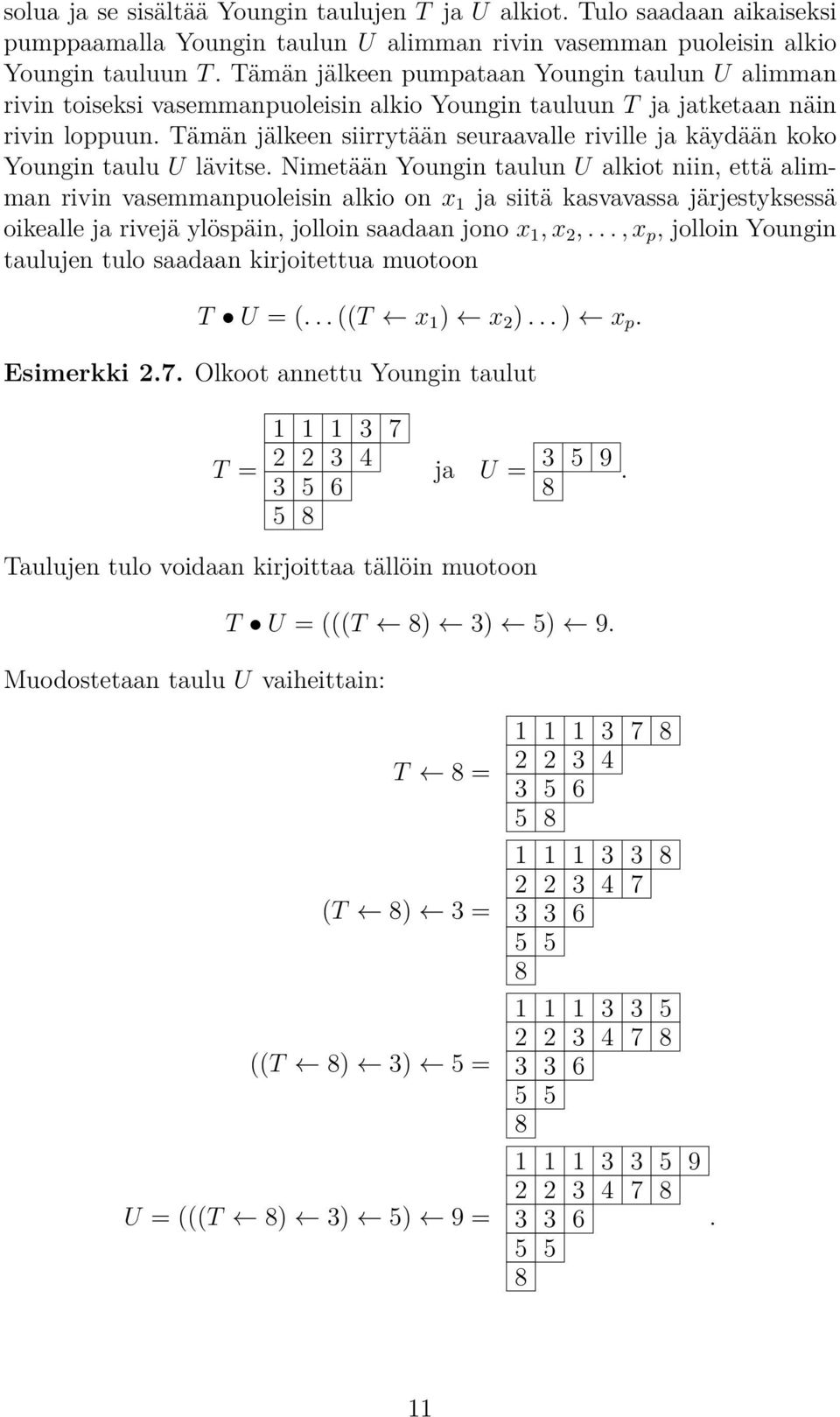 Youngin taulun U alkiot niin, että alimman rivin vasemmanpuoleisin alkio on x 1 ja siitä kasvavassa järjestyksessä oikealle ja rivejä ylöspäin, jolloin saadaan jono x 1, x 2,, x p, jolloin Youngin