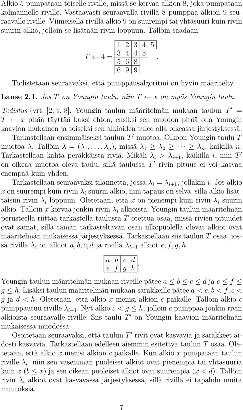 määritelty Lause 21 Jos T on Youngin taulu, niin T x on myös Youngin taulu Todistus (vrt [2, s 8] Youngin taulun määritelmän mukaan taulun T = T x pitää täyttää kaksi ehtoa, ensiksi sen muodon pitää