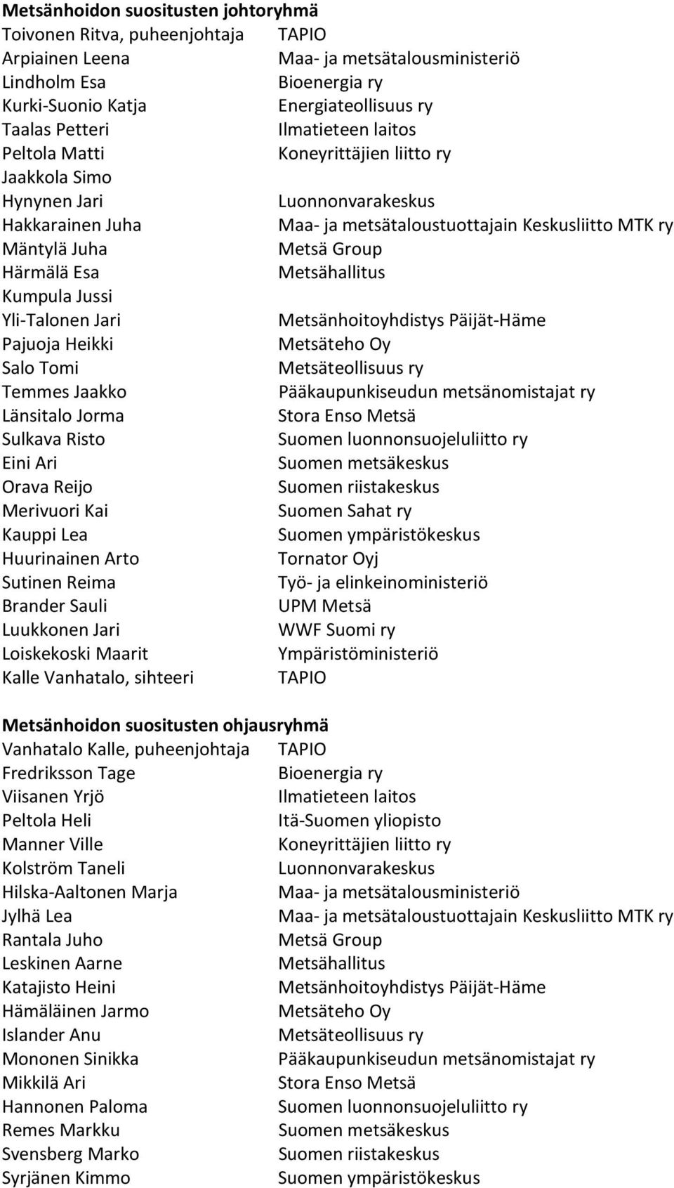 Härmälä Esa Metsähallitus Kumpula Jussi Yli-Talonen Jari Metsänhoitoyhdistys Päijät-Häme Pajuoja Heikki Metsäteho Oy Salo Tomi Metsäteollisuus ry Temmes Jaakko Pääkaupunkiseudun metsänomistajat ry