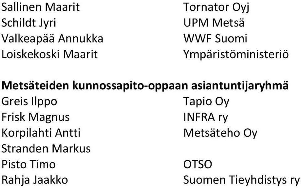 asiantuntijaryhmä Greis Ilppo Tapio Oy Frisk Magnus INFRA ry Korpilahti