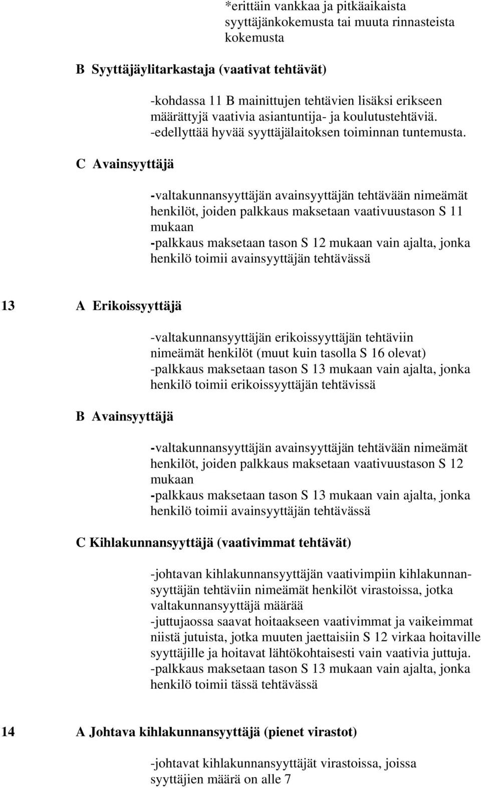 -valtakunnansyyttäjän avainsyyttäjän tehtävään nimeämät henkilöt, joiden palkkaus maksetaan vaativuustason S 11 mukaan -palkkaus maksetaan tason S 12 mukaan vain ajalta, jonka henkilö toimii